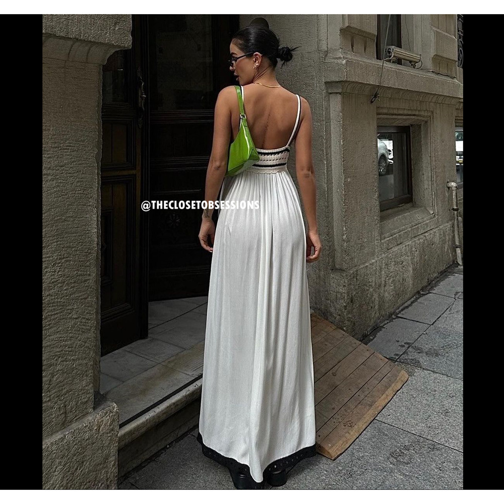 Zara Cream Ecru Maxi Dress Contrast Trim Flowy Boho Resort Vacation Size M NWT - Picture 13 of 16